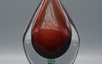Orrefors Sweden Mid-Century Red Tear Drop Glass Vase
