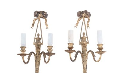 PAIR BRASS TWO ARM LOUIS XV STYLE WALL SCONCES WITH...