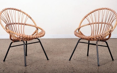 PAIR FRENCH IRON RATTAN SAUCER FORM CHAIRS C.1960