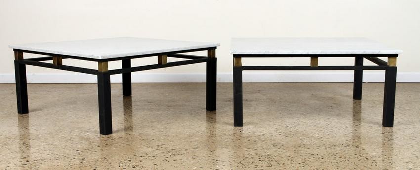 PAIR IRON BRASS MARBLE TOP COFFEE TABLES C.1975