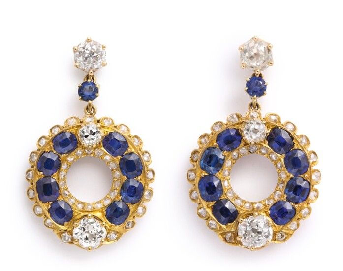 PAIR OF GOLD, SAPPHIRE AND DIAMOND EARRINGS