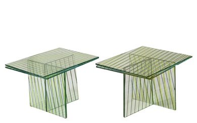 PATRICIA URQUIOLA PAIR OF CROSSING GLASS SIDE TABLES FOR GLAS ITALIA
