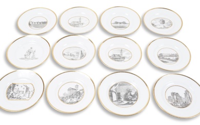 P.L. DAGOTY PARIS PORCELAIN PART SERVICE WITH EUROPEAN AND CLASSICAL SCENES EN GRISAILLE, CIRCA 1820 Diameter of lunch plate: 8 1/2 in. (21.6 cm.), Diameter of saucer: 6 1/4 in. (15.9 cm.)