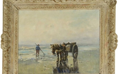 Paintings, engravings, etc. - Gerard Delfgauw (1882-1947), shell fishermen on the beach, oil on canvas, signed -38 x 48.5 cm