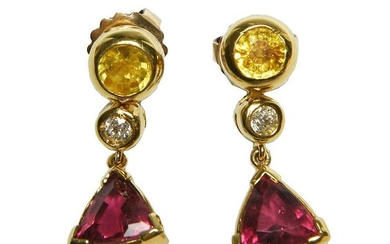 Pair 18K Gold, Diamond, Sapphire and Garnet Earrings