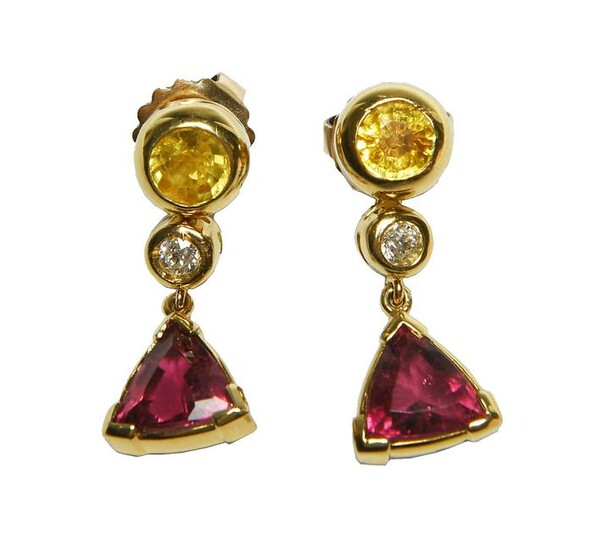 Pair 18K Gold, Diamond, Sapphire and Garnet Earrings