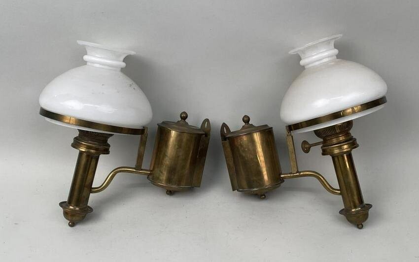 Pair Antique Brass Oil Lamp Wall Sconces