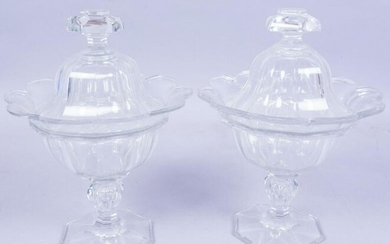 Pair Antique Cut Glass Scalloped Edge Covered Compotes