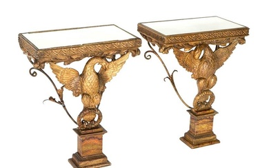 Pair Carved Giltwood Eagle Console Tables