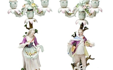 Pair Meissen Germany Hand Painted Porcelain Figural Candelabras Courting Scene