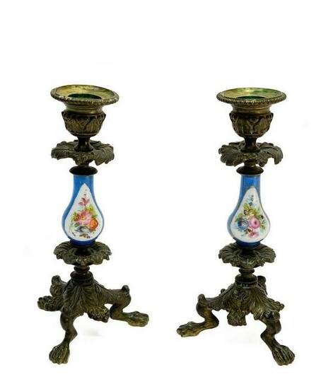 Pair Sevres Style French Porcelain Candlesticks