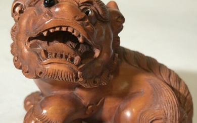 Pair Signed Asian Carved Wooden Foo Dogs