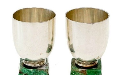 Pair William Spratling Mexico Sterling Silver Shot Glasses Green Stone Bases
