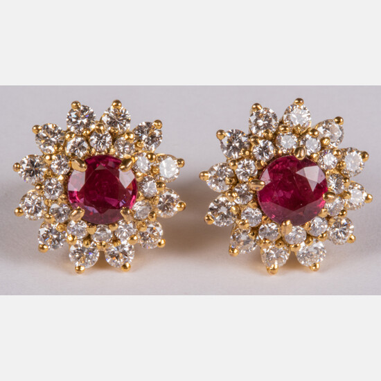 Pair of 18kt Yellow Gold, Ruby and Diamond Earrings