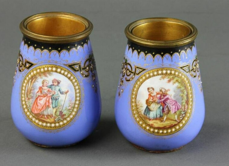 Pair of 19th C French Enamel Vases