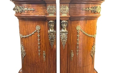 Pair of 19th Century Empire Style Mahogany, Ormolu and Marble Corner Cabinets