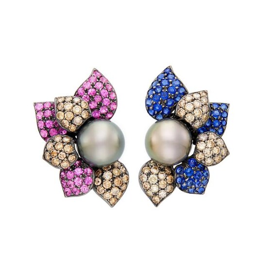 Pair of Blackened Gold, Tahitian Gray Cultured Pearl, Sapphire, Pink Sapphire and Brown Diamond Flower Earclips