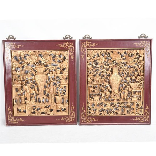 Pair of Chinese Gilt Wood Carved Panels