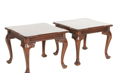 Pair of Chippendale Style Walnut Inlaid Side Tables, Late 20th Century