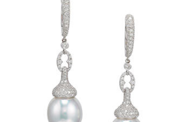 Pair of Cultured Pearl and Diamond Pendent Earrings