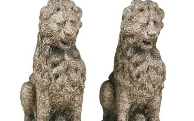 Pair of Faux Marbre Terracotta Lions
