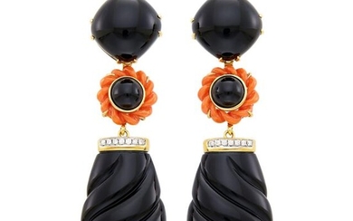 Pair of Gold, Fluted Black Onyx, Coral and Diamond Pendant-Earclips