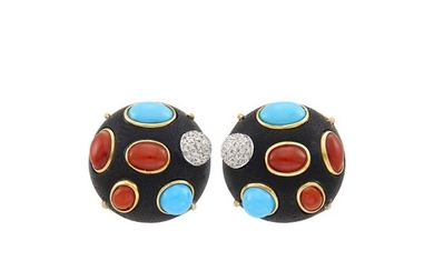 Pair of Gold, Wood, Coral, Turquoise, Cultured Pearl and Diamond Earclips