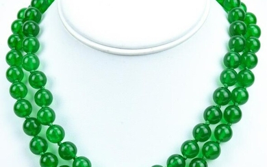 Pair of Hand Knotted Green Nephrite Jade Necklaces