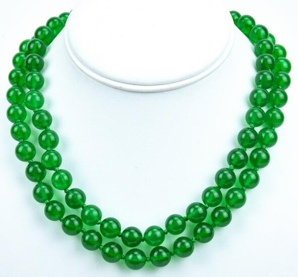 Pair of Hand Knotted Green Nephrite Jade Necklaces