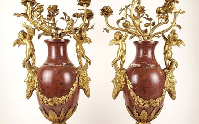 Pair of Large 19th C. Rouge Marble & Gilt Bronze Candelabras