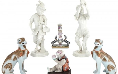 Pair of Mottahedeh Blanc de Chine Pottery Monkeys; T/W a Pair of Mottahedeh Dogs, a Seated Monkey and a Candlestick