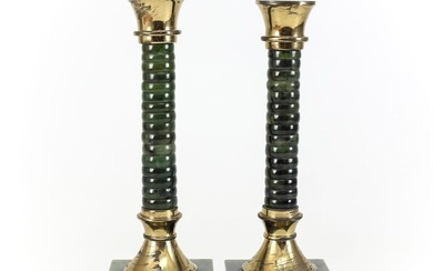 Pair of Nephrite Jade and Gilt bronze Banded Candlesticks mid century Deep green