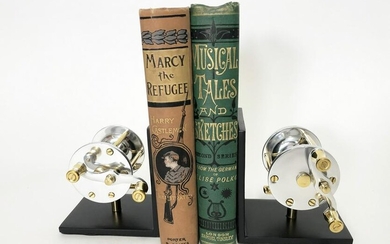 Pair of Polished Chrome and Brass Fishing Reel Bookends
