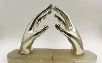 Pair of Silverplated Art Deco Bookends "Hands" H: 6" W: 5" D: 4"