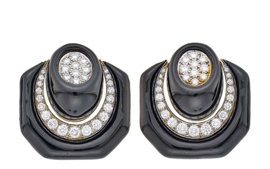 Pair of Two-Color Gold, Black Enamel and Diamond Door Knocker Earrings
