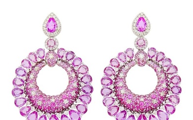 Pair of White Gold, Pink Sapphire and Diamond Pendant-Earrings