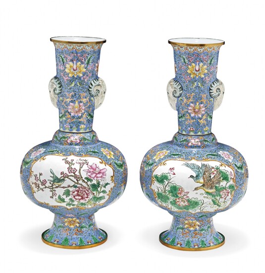 Pair of painted enamel metal vases China, 20th Century
