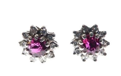 Pair of unmarked white metal, ruby and diamond ear...