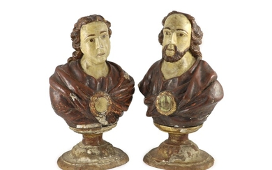 Paire de bustes de saints espagnols du début du 19e siècle, sculptés et peints,avec une...