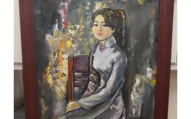 Pham Mui - 'Woman Sitting' oil on panel bears an...