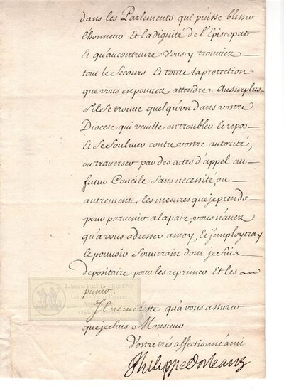 Philippe d'Orléans - Régent du Royaume de France - [Jansénisme] Importante Lettre Signée concernant la bulle Unigénitus du Pape Clement XI - 1717