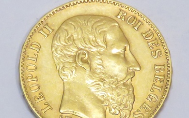 Pièce en or de 20 Francs "Léopold II-Roi des Belges", datée de 1877. Poids :...