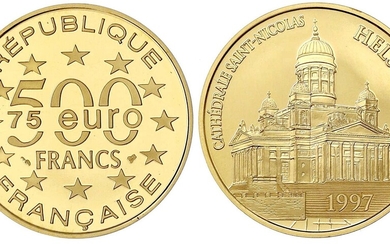 Pièces et médailles d'or étrangères, France, Cinquième République, depuis 1958, 500 francs/75 euros 1997. Église...