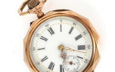 Pocket watch of 14k gold. Cylinder escapement and crown-winding. White dial with...