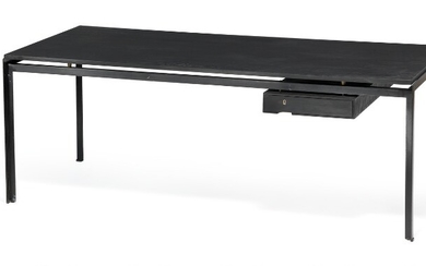 Poul Kjærholm: “Professor Table”. Freestanding desk with black lacquered iron frame. Top and “floating” drawer of black stained ash.