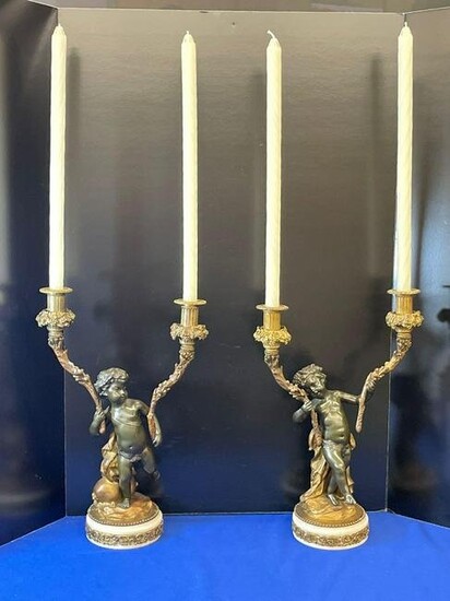 Pr. French Patinated and Gilt Bronze Candelabra