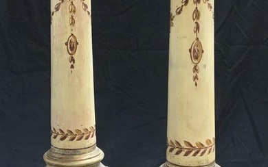 Pr Hand Painted Neoclassical Pillar Ceramic Lamps
