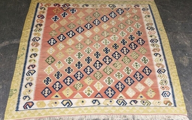 Probably Persian Wool Kilim, with multi-coloured diagonal patterned medallions, within a boteh frame ( 200 x 180cm)