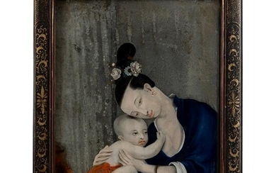 REVERSE GLASS MIRROR PAINTING OF MOTHER AND CHILD QING