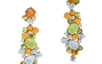ROBERTO COIN, A PAIR OF MULTIGEM DROP EARRINGS each set with a cluster of cabochon citrine, blue